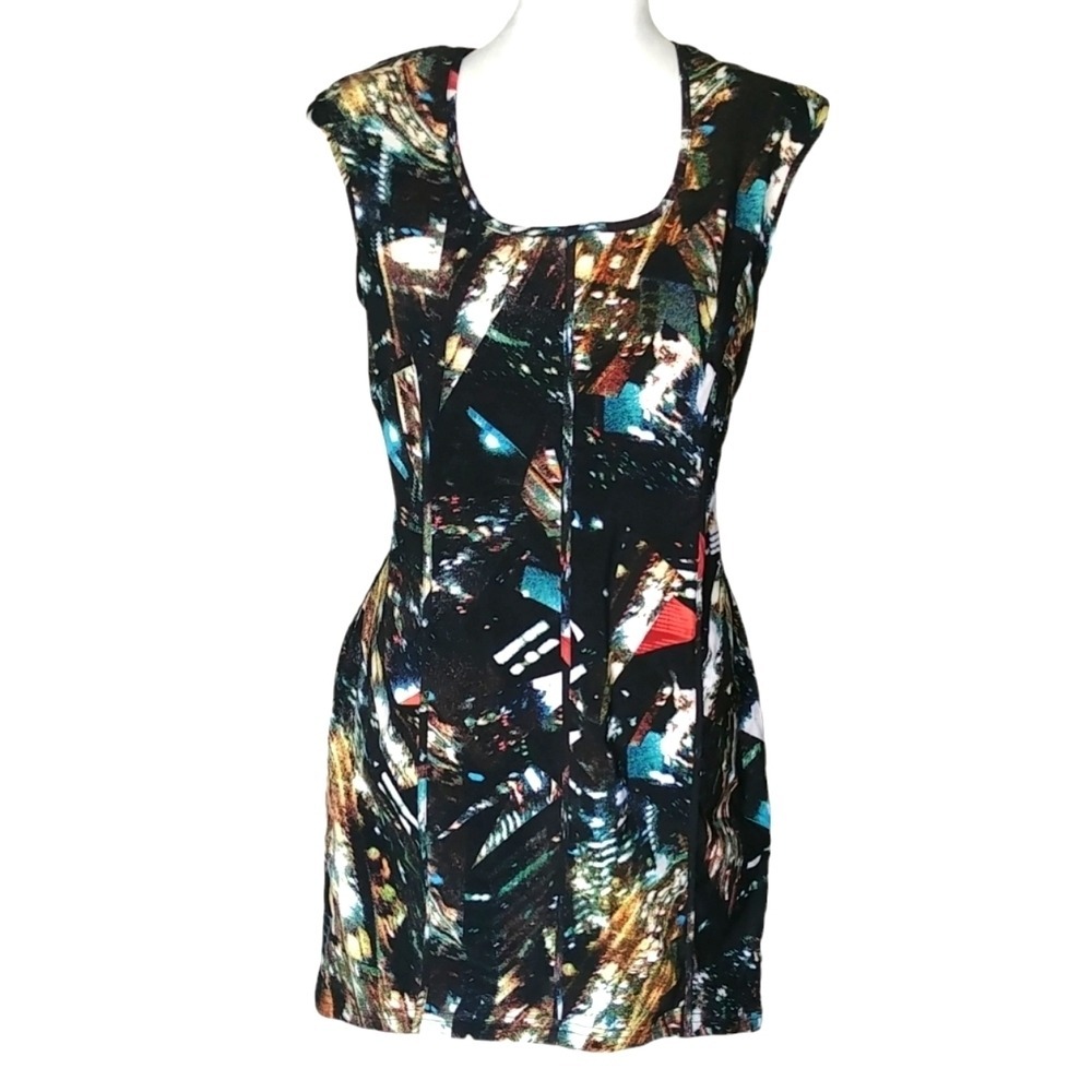 Factory by Erik Hart T-Shirt Dress Womens 8 Cerulean Abstract Open Mesh Back